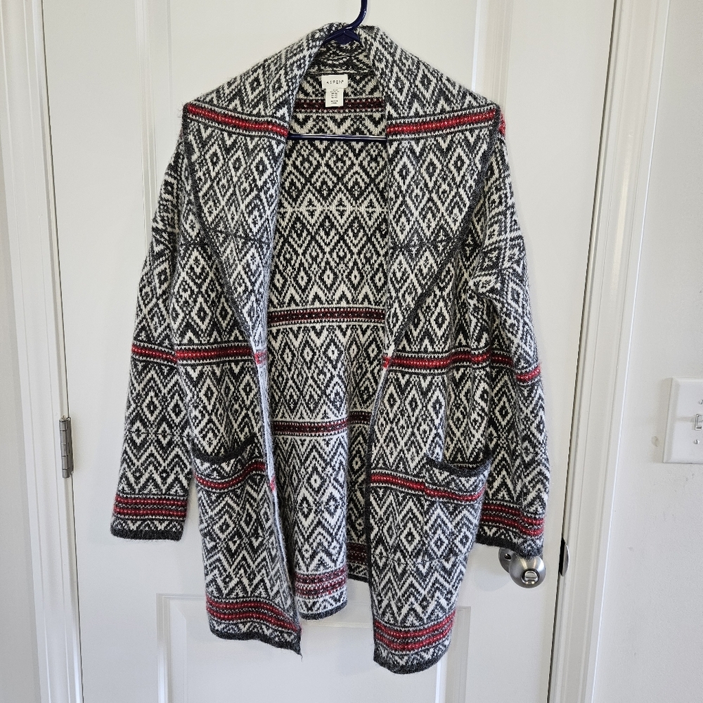 Aspen wool blend chunky open sweater long line size Xsmall gray red and white